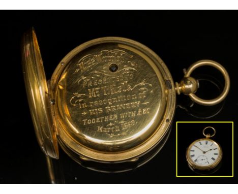 A late Victorian 18ct gold open faced pocket watch, white enamel dial with Roman numerals and subsidiary seconds at six o'clo