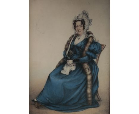 W. Burt (19th century British) Full length portrait of a seated middle aged lady wearing a lace trimmed bonnet and a velvet t