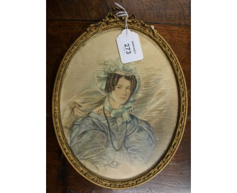 E. H. (early 19th century British School) Half length portrait of a seated young lady wearing a lace trimmed bonnet and pale 