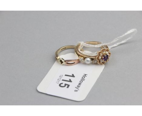 A three stone half hoop pearl and diamond ring, together with a pearl and amethyst cluster ring and a 9ct gold ring