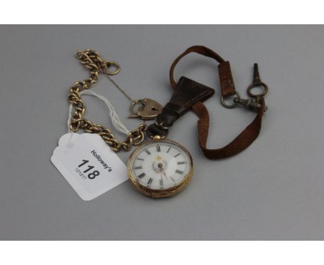 A lady's Swiss open faced gold pocket watch, white enamel dial, with hand painted detail and Roman numerals, together with an