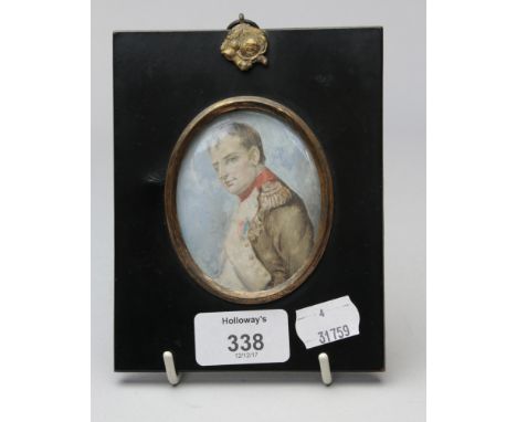 A 19th century half length portrait miniature on ivory of Napoleon after David, ./5 x 6cm oval, in an ebonised frame