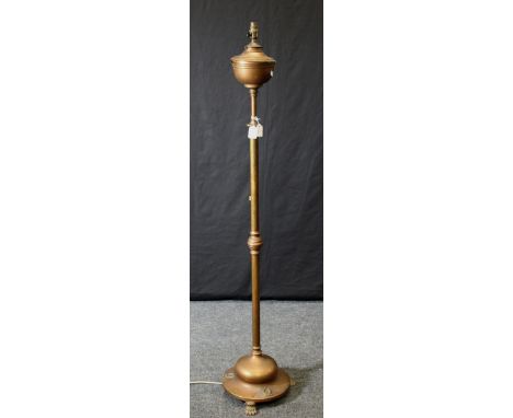 A Victorian telescopic brass paraffin standard lamp, converted for electricity, 152cm