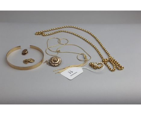 A 9ct gold bangle, (cut) on open link chain, a pair of 9ct gold cufflinks and a brooch