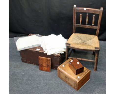 A Victorian painted pine trunk, a Victorian walnut and Tunbridgeware work box, and a child's bobbin back single chair
