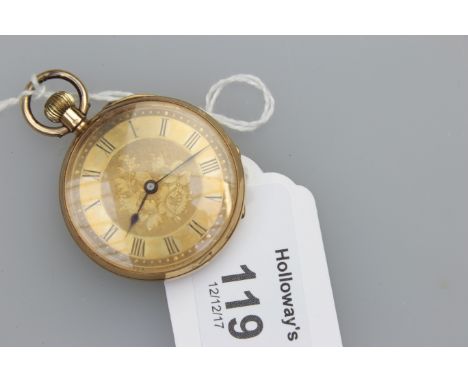 A Swiss gold open faced pocket keyless lever watch, the engine turned dial engraved with foliage, Roman numerals, the case ma