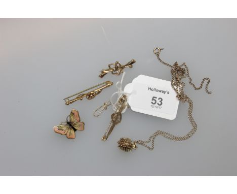 A 9ct gold RAF wings bar brooch, together with two bar brooches, a Norwegian  silver and guilloché enamel butterfly brooch an