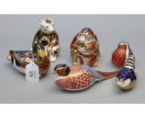 A collection of six Royal Crown Derby Imari decorated paperweights, polar bear, monkeys, robin, wren, pheasant and a duck, ea