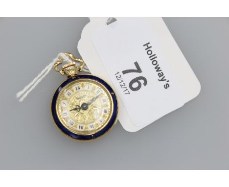 A lady's 18ct gold and enamel pocket watch, the profusely engraved dial with Roman numerals, front and back with guilloche en