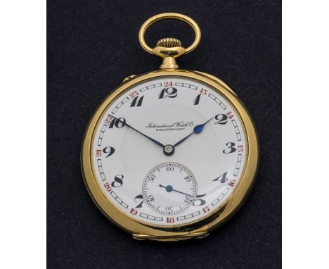 International Watch Company, an early 20th century 18ct gold keyless lever pocket watch, white enamel dial, Arabic numerals, 