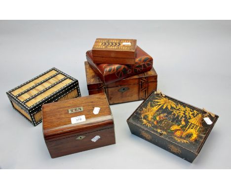 A late 19th century ebony, porcupine quill mounted box, a rosewood brass banded tea canister, a red lacquer painted Japanese 