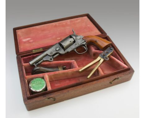 A 19th century percussion revolver, with polished walnut grip, numbered 15925 to trigger guard, in a later fitted mahogany ca