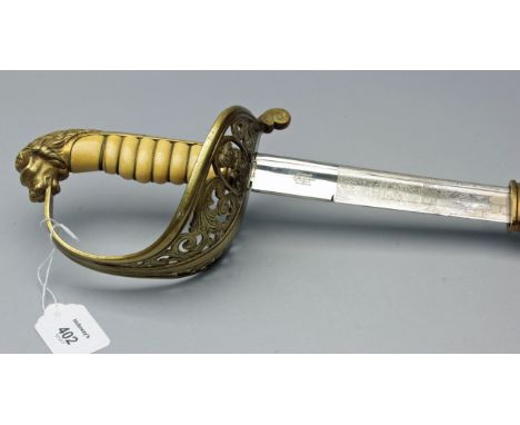 A 19th century Dutch naval officer's sword (1882), with wire bound ivory grip and pierced hilt with fouled anchor and lion's 