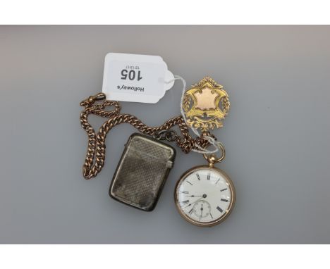 A 9ct gold curb pattern watch chain, with single clip connection and suspending a two colour 9ct gold vacant medallion, toget
