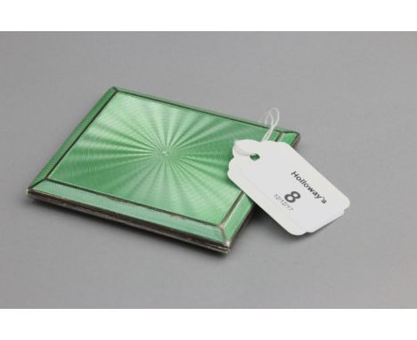 A silver cigarette case with apple green guilloche enamel decorated hinged cover, Birmingham 1933, 8.5 x 7cm