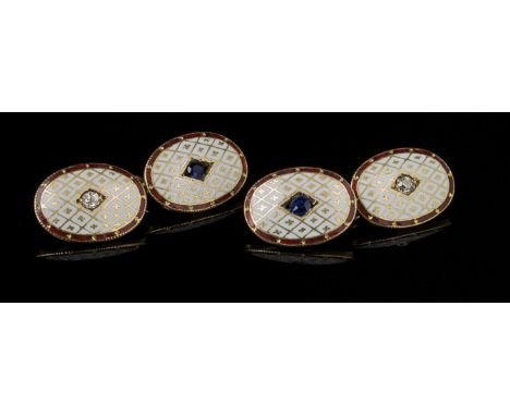 A pair of Victorian 18ct gold diamond, sapphire and enamel cufflinks, the enamelled oval panels with old brilliant cut diamon