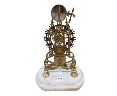 ANTIQUE SKELETON CLOCK WITH KEY &amp; PENDULUM - WORKING 