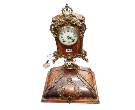 FRENCH BURR WALNUT CLOCK &amp; SHELF, KEY &amp; PENDULUM - WORKING 