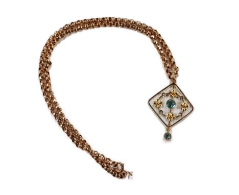 ANTIQUE 9 CARAT GOLD, BLUE TOPAZ &amp; SEED PEARL PENDANT ON MODERN 9 CARAT GOLD CHAIN 8.86 GRAMS 