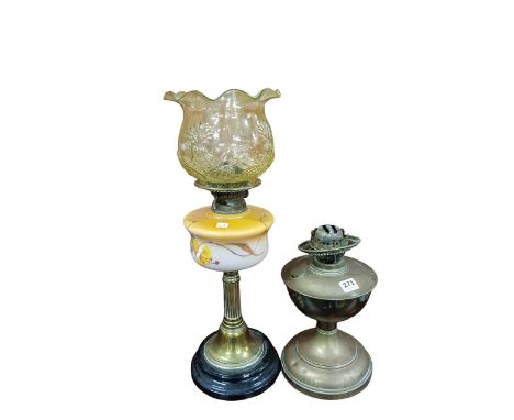 VICTORIAN PAINTED OIL LAMP AND LEMON SHADE 