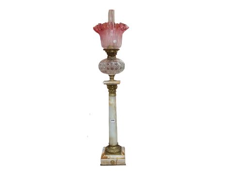 LARGE VICTORIAN MARBLE BASED OIL LAMP WITH RUBY SHADE 