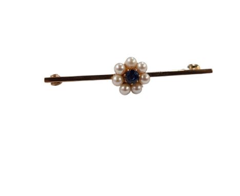 9 CARAT GOLD ANTIQUE PEARL AND SAPPHIRE BROOCH 3G 