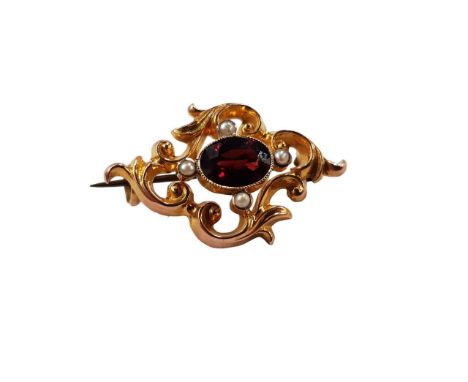 9 CARAT GOLD, GARNET &amp; SEED PEARL BROOCH 