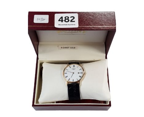 9 CARAT GOLD GENTS ROTARY WATCH - BOXED, BARELY WORN