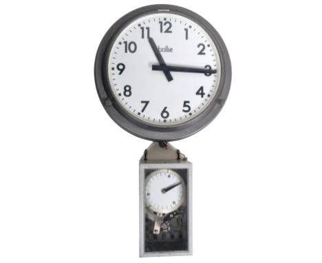 Brillie - A retro vintage mid 20th Century French industrial factory electric wall hanging clock having a grey metal case wit