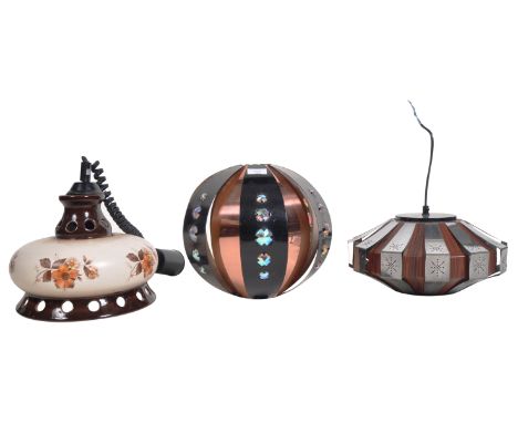 A collection of original retro vintage mid 20th Century ceiling lighting lights / lamps comprising a copper example by Werner