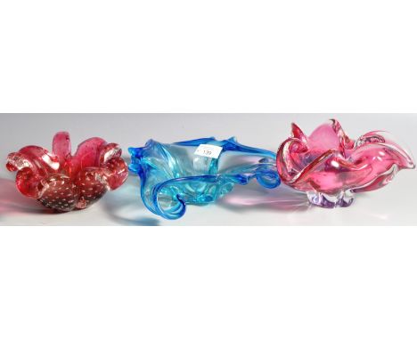 A collection of three retro vintage mid 20th Century studio art glass bowls / centrepieces comprising a pink glass Josef Hosp