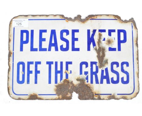 A vintage 20th Century English porcelain enamel sign reading ' Please Keep Off The Grass '. The sign of rectangular form havi