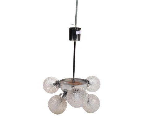 A retro 20th Century hanging chrome ceiling light having a series of textured glass ball shades protruding off a central chro