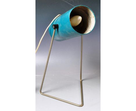 A retro vintage 1960's table desk lamp having a cylindrical blue enamel shade mounted on a tubular hairpin type base. Measure