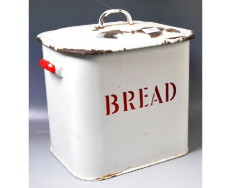 A retro vintage mid 20th Century kitchen enamel bread bin storage contained having a white ground with bold red lettering. Co
