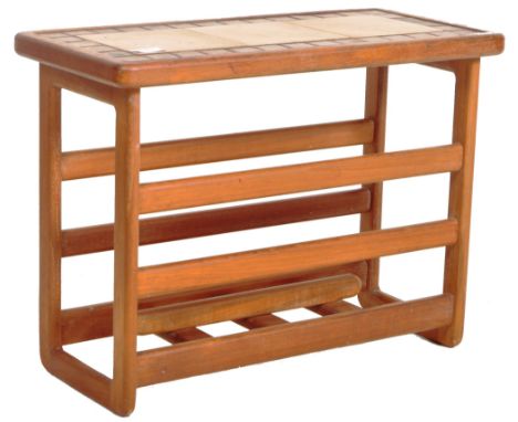 A retro vintage 1960's teak wood &amp; tile top coffee table / plant stand having a square tile top raised on block supports 