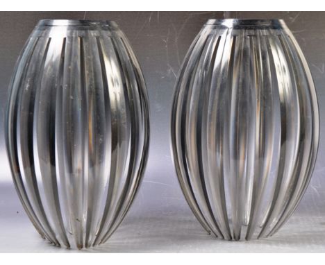 A pair of retro vintage 20th Century smoked plastic acrylic ceiling light lamp shades comprising of multiple plastic strip pr
