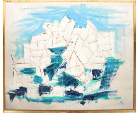 A retro vintage 1960's oil on board abstract painting entitled 'Seascape. Composed in various shades of blue. Framed. Artist 