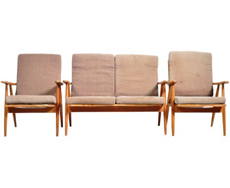 Scandart - A retro vintage 1960's beech framed three piece sofa suite comprising of a two seater sofa settee and two easy lou