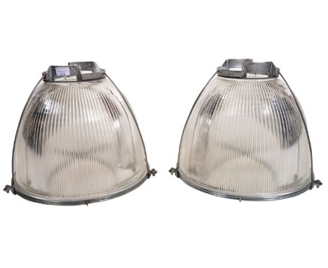 A set of three original retro vintage mid 20th Century Holophane industrial factory pendant light shades of metal and glass c