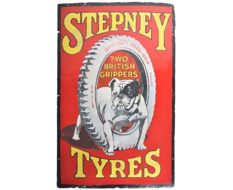 Stepney Tyres -&nbsp;A vintage 1930's porcelain enamel advertising shop display point of sale automobila sign for Stepney Tyr