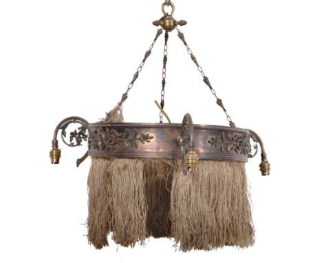 A mid 20th Century vintage Italian brass / metal hanging Neoclassical chandelier ceiling light of circular form having neo cl