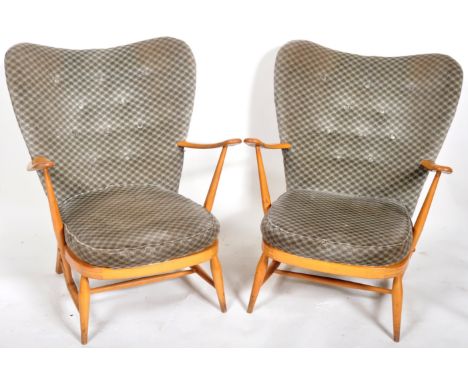 Lucian Ercolani - Ercol - Model 312 - A matching pair of retro vintage mid 20th Century 1956's beech and elm wingback easy / 