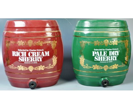 A pair of retro vintage 20th Century ceramic sherry hand painted barrels. One for Rich Cream and the other Pale Dry Sherry. O