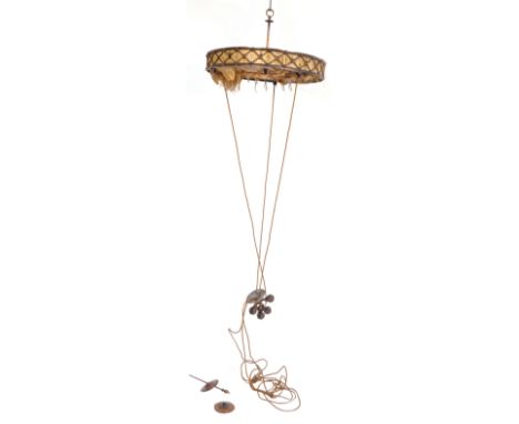 A mid 20th Century vintage Italian brass / metal hanging Neoclassical chandelier ceiling light of circular form having repeat