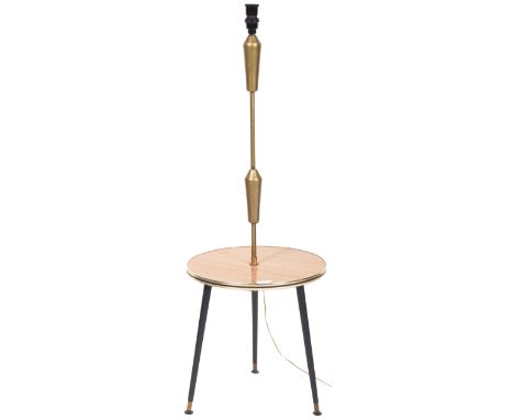 A retro vintage mid 20th Century tripod free standing floor lamp / table lamp light having a circular shelf / table centre wi
