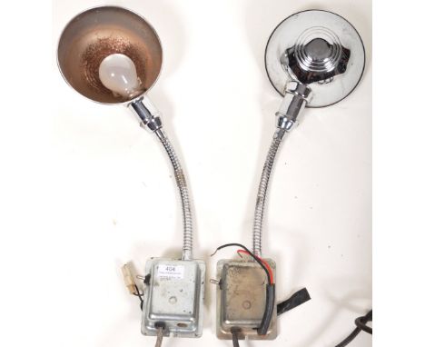 A matching pair of mid Century Industrial factory workmen's anglepoise gooseneck lamp lights with each having chrome cupped s