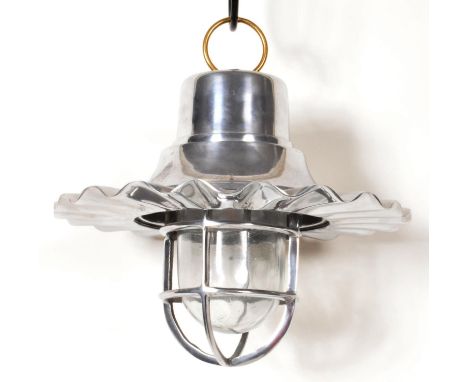 A vintage 20th Century French polished aluminum hanging hallway / porch lamp light of decorative form having a flared cripple