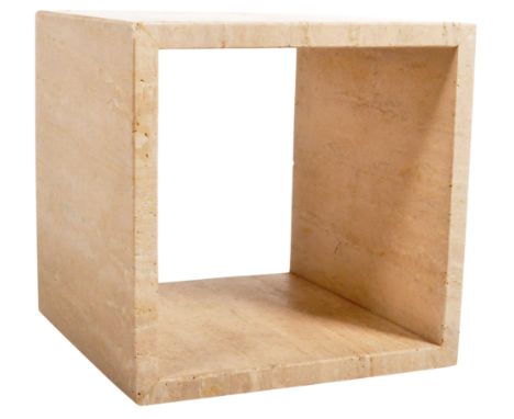 A contemporary Italian travertine stone side lamp / occasional cube table of simple form having chamfered edges with polished