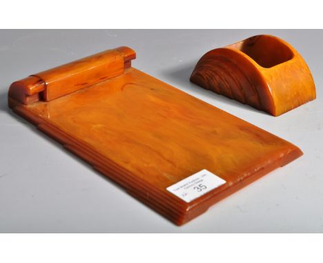 Carvacraft - Two vintage Art Deco desktop accessories of bakelite construction in butterscotch amber colour. Accessories incl